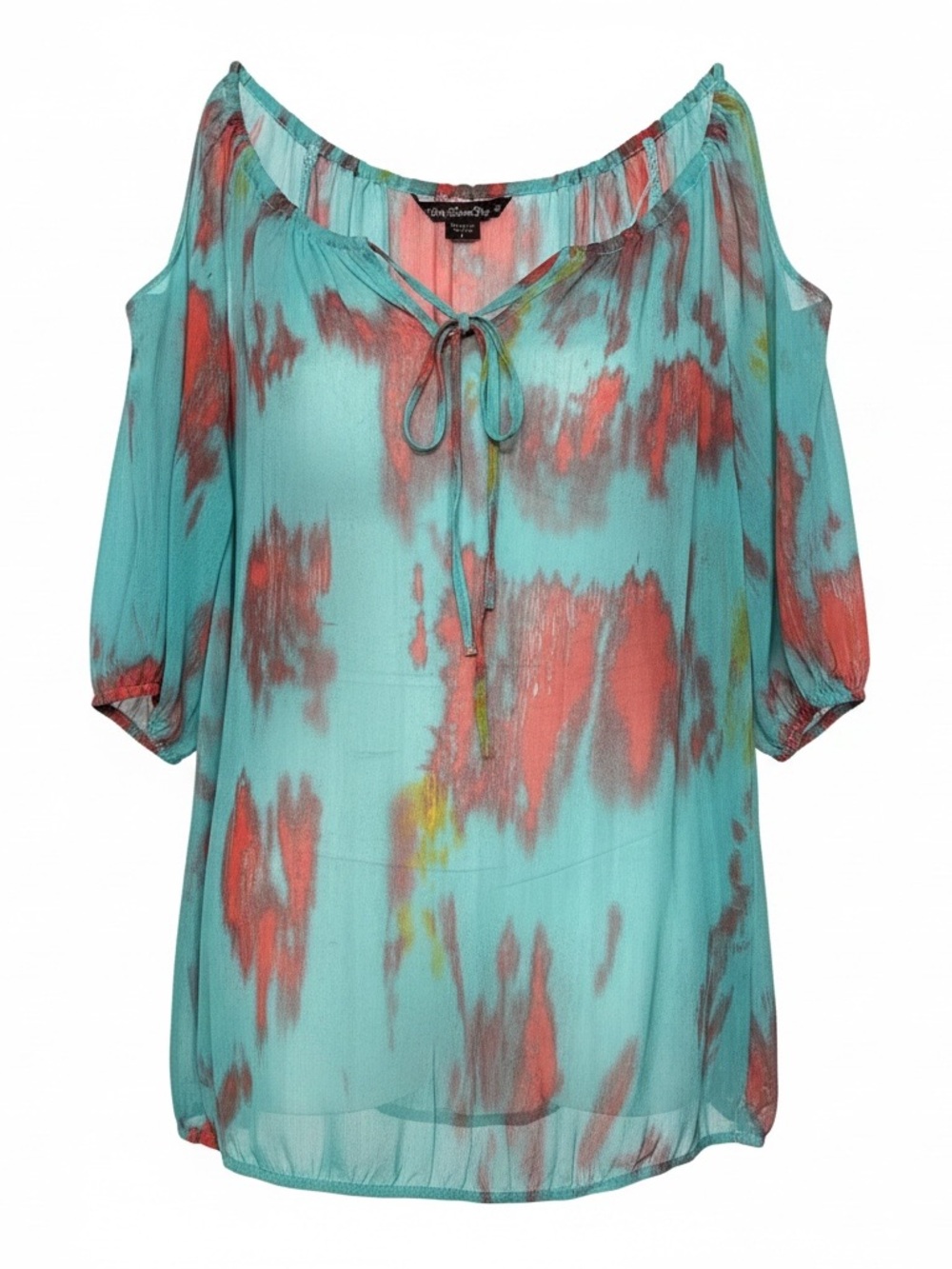 Anuschka Aqua Tie-Dye Cold-Shoulder Tunic with Coral Accents